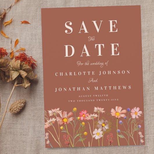 Boho Herfst Wilde Bloemenwei Terracotta Huwelijk Save The Date