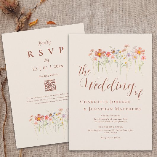 Boho Herfst Wildflower Beige Terracotta QR-code Kaart