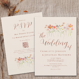 Boho Herfst Wildflower Beige Terracotta QR-code Kaart