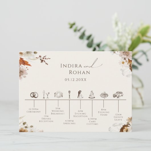 Boho Herfst Wildflower Beige Wedding Tijdlijn Kaar Save The Date (Staand voorkant)