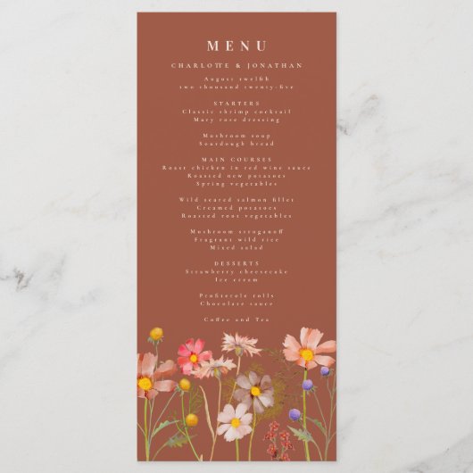 Boho Herfst Wildflower Bloemen Verbrand Sinaasappe Menu (Voorkant)