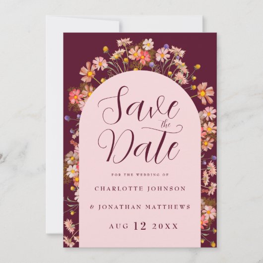 Boho Herfst Wildflower Bourgogne Blush Roze Huweli Save The Date (Voorkant)