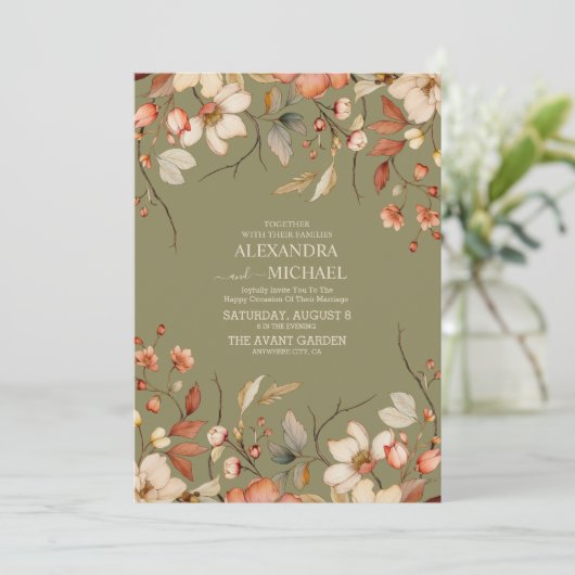 Boho Herfst Wildflower Groene Bruiloft Kaart (Staand voorkant)