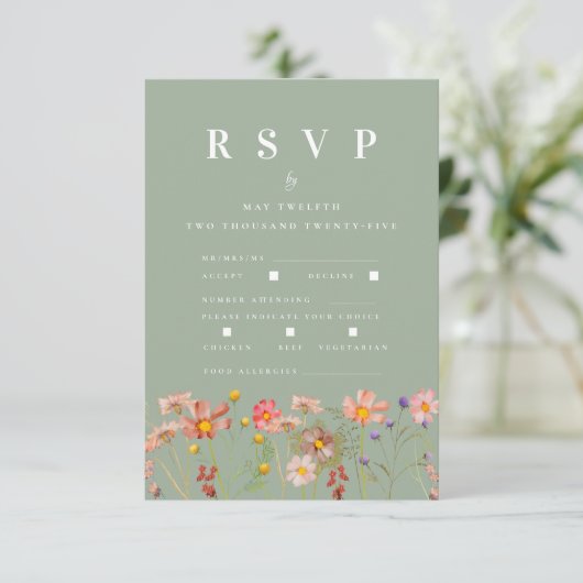 Boho Herfst Wildflower Maaltijdopties bruiloft RSVP Kaartje (Staand voorkant)