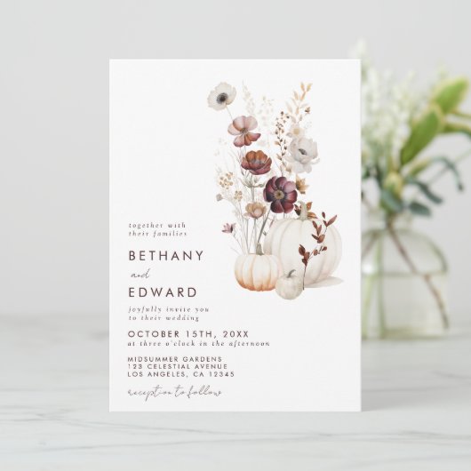 Boho Herfst Wildflower Pompoen bruiloft Kaart (Staand voorkant)