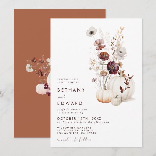 Boho Herfst Wildflower Pompoen bruiloft Kaart (Voorkant / Achterkant)