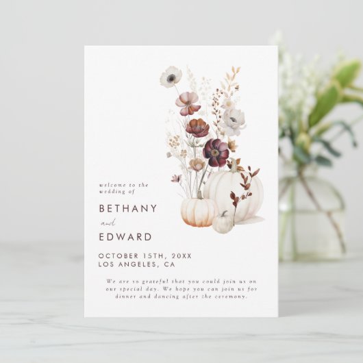 Boho Herfst Wildflower Pompoen bruiloft Programmakaart (Staand voorkant)