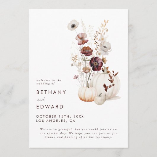 Boho Herfst Wildflower Pompoen bruiloft Programmakaart (Voorkant)