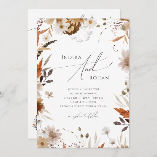 Boho herfst Wildflower QR-code Alles in één bruilo Kaart (Voorkant / Achterkant)