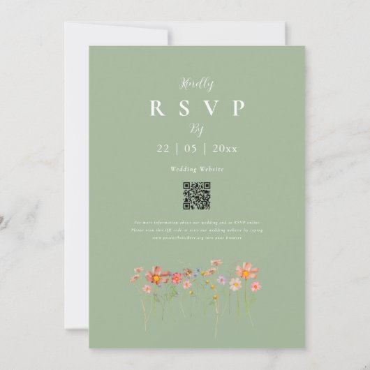 Boho Herfst Wildflower Sage Green QR Code Wedding Kaart (Achterkant)