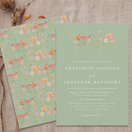 Boho Herfst Wildflower Sage Green Wedding Kaart