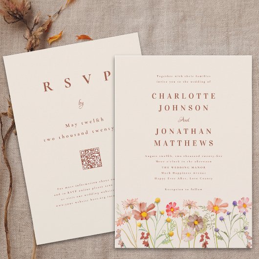 Boho Herfst Wildflower Terracotta Beige bruiloft Kaart