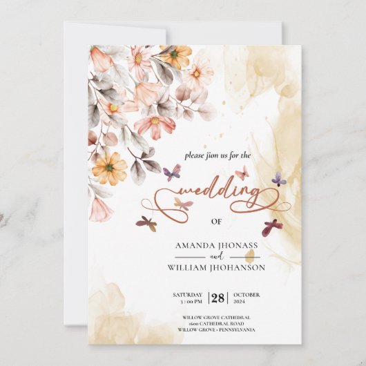 Boho Herfst Wildflower vlinders Bruiloft Kaart (Voorkant)
