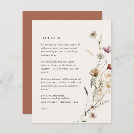 Boho Herfst Wildflower Wedding Details Informatiekaartje (Voorkant / Achterkant)