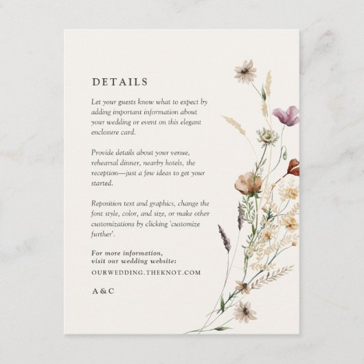 Boho Herfst Wildflower Wedding Details Informatiekaartje (Voorkant)