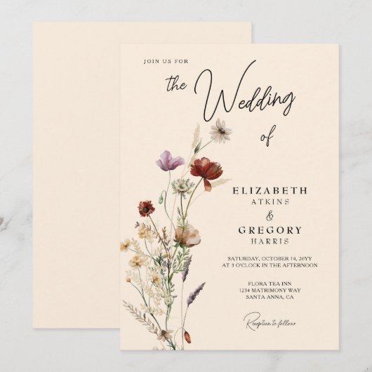 Boho Herfst Wildflower Wedding Kaart (Voorkant / Achterkant)
