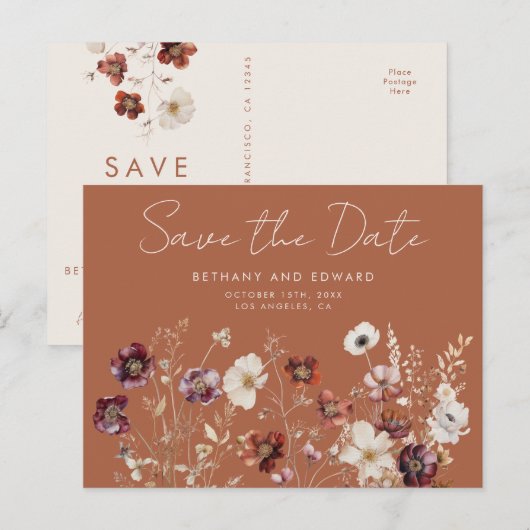 Boho Herfst Wildflower Wedding Save the Date Briefkaart (Voorkant / Achterkant)