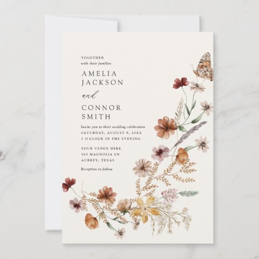 Boho Herfst Wildflower Wedding Uitnodiging (Voorkant)