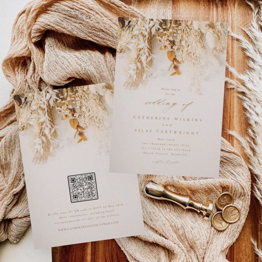 Boho-herfstbloemen met QR-code-huwelijk Kaart