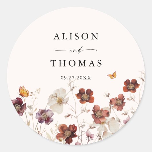 Boho-herfstbloemen Vlinder Bruiloft Ronde Sticker (Voorkant)