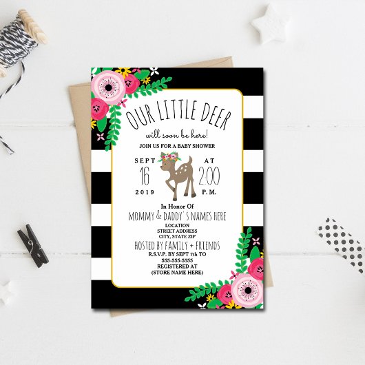 Boho Herten Bloemen Gestreepte Baby shower Invitat Kaart