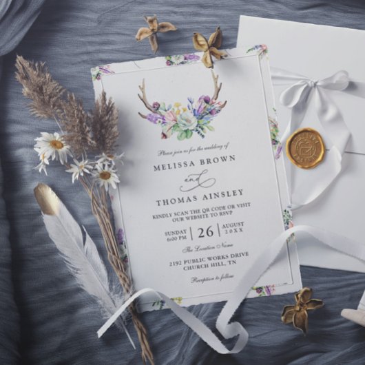 Boho herten wildbloemen rustieke QR-code bruiloft Kaart