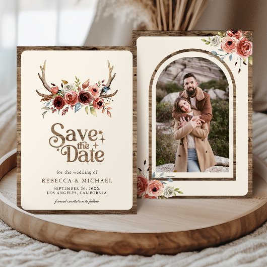 Boho Hertengewei Terracotta Bloemen Foto Bruiloft Save The Date