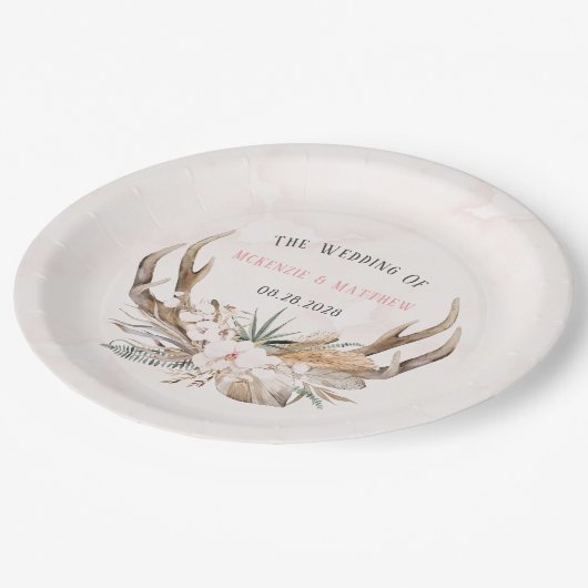 Boho hertenhoorns en bloemstukken bruiloft papiere papieren bordje (Gekanteld)