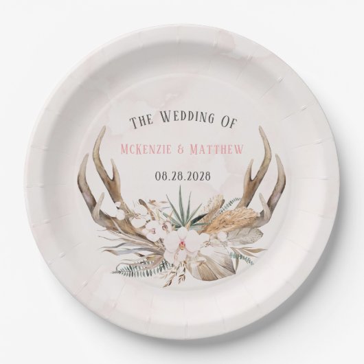 Boho hertenhoorns en bloemstukken bruiloft papiere papieren bordje (Voorkant)