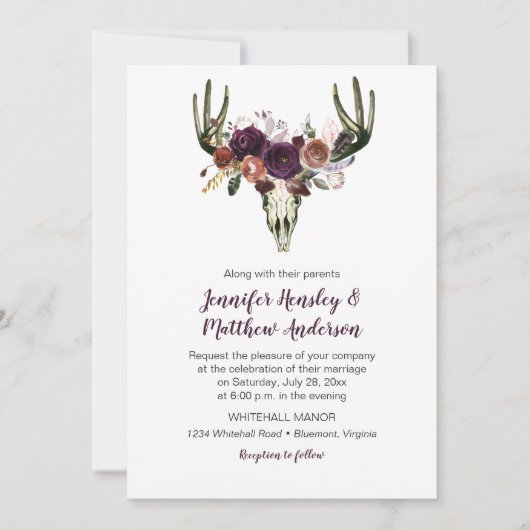 Boho hertenschedel donker Paarse bloemboeket bruil Kaart (Voorkant)