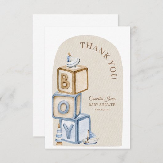 Boho Het is een Boy Blocks en Toys Baby shower Bedankkaart (Voorkant / Achterkant)