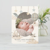 Boho Hete Luchtballon Sky Jongen Geboorte Aankondi Kaart (Staand voorkant)