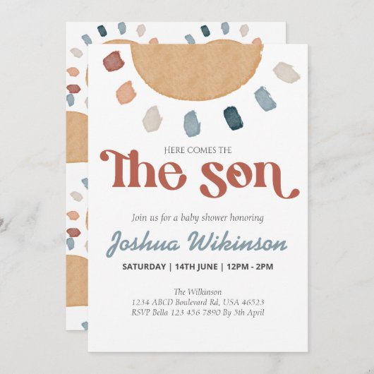 Boho hier komt de Son baby shower uitnodiging (Voorkant / Achterkant)
