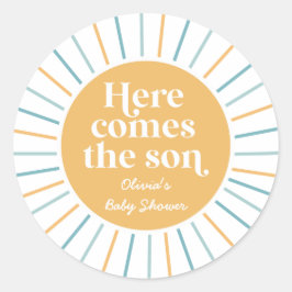 Boho Hier komt de Zoon zonnebaby shower Ronde Sticker