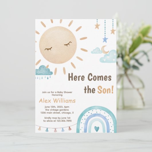 Boho Hier Komt De Zoon Zonneschijn Baby shower Jon Kaart (Staand voorkant)
