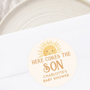 Boho hier komt het Baby shower van de zoon Ronde Sticker