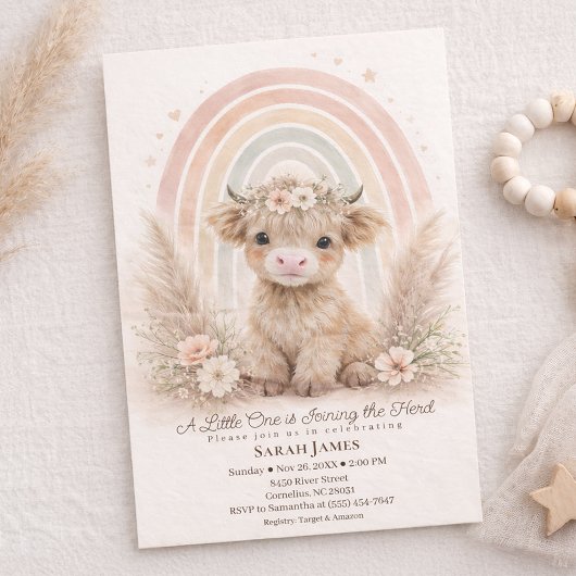Boho Highland Cow Neutral Rainbow Baby Shower Kaart