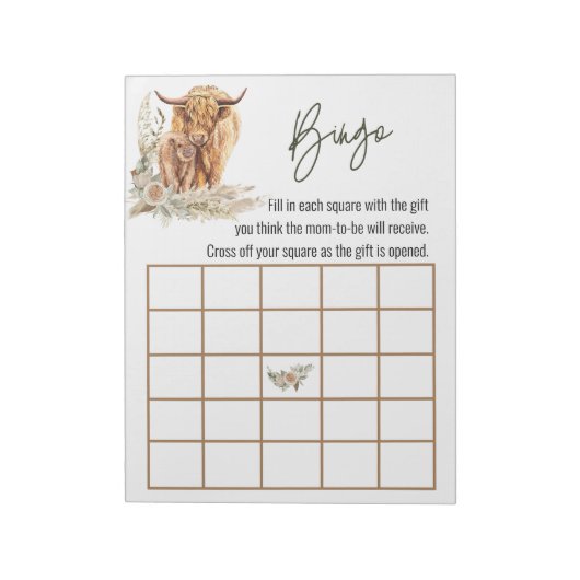 Boho Highland Koe Baby Shower Bingo Spel Notitieblok (Linkerzijde)