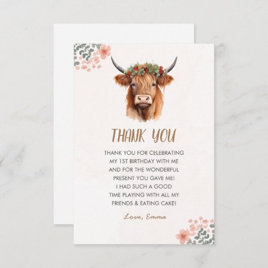 Boho Highland Koe Bedankkaart (Voorkant / Achterkant)