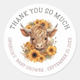 Boho Highland Koe Dank u Baby shower Ronde Sticker