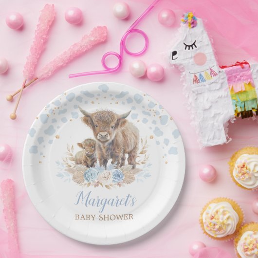 Boho Highland Koe Floral Pampas Grass Baby Boy Papieren Bordje (Feest)