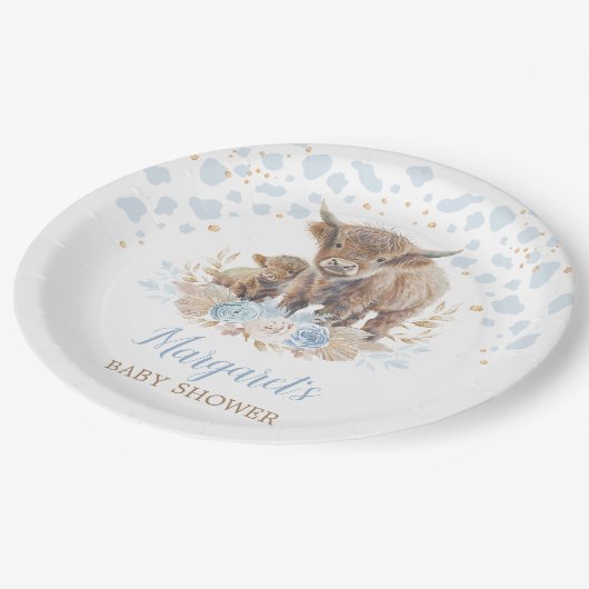 Boho Highland Koe Floral Pampas Grass Baby Boy Papieren Bordje (Gekanteld)