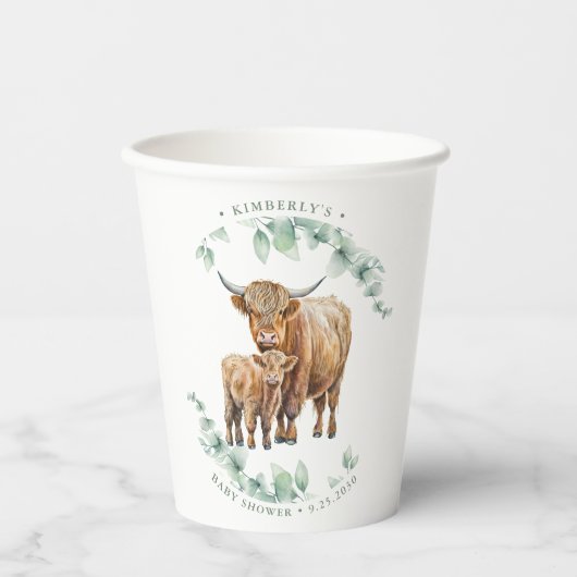 Boho Highland Koe Groen Boerderij Dier Baby shower Papieren Bekers (Voorkant)