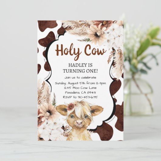 Boho Highland Koe Ik ben een meisje Eerste Verjaar Kaart (Staand voorkant)