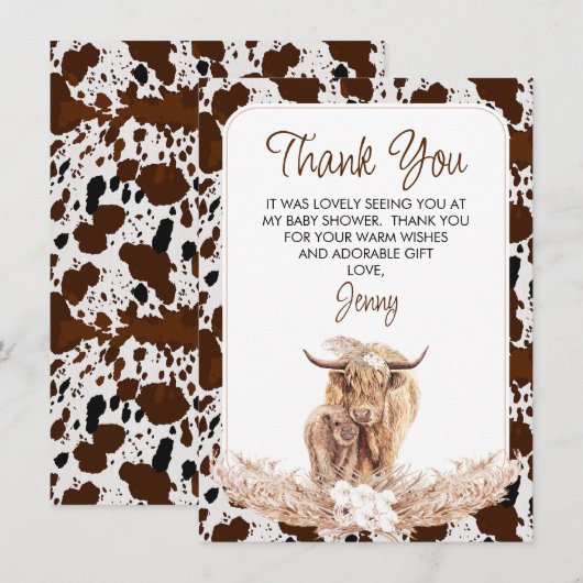 Boho Highland Koe Kalf Baby shower Dank u kaart (Voorkant / Achterkant)