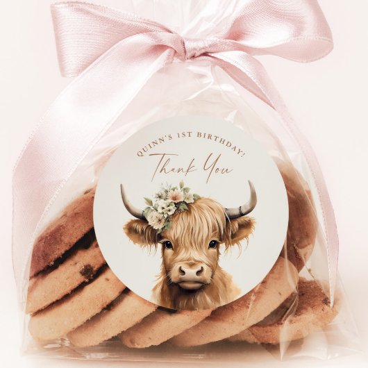 Boho Highland Koe Kids Verjaardagsfeestje Dank u Ronde Sticker