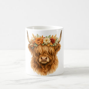 Boho Highland Koe Kussen met Bloemenkroon   Koffiemok