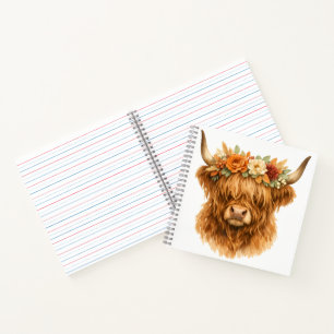Boho Highland Koe Kussen met Bloemenkroon Notitieboek