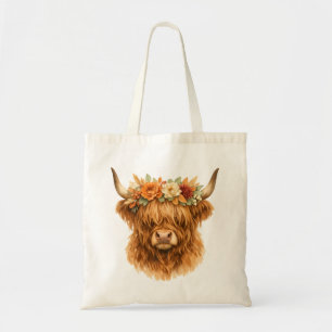 Boho Highland Koe Kussen met Bloemenkroon Tote Bag