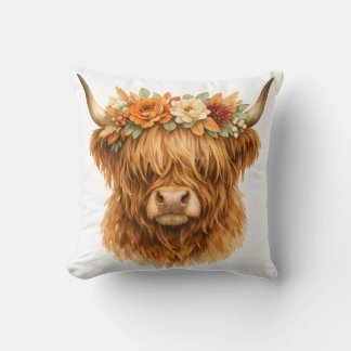 Boho Highland Koe Kussensloop met Bloemenkroon | Kussen